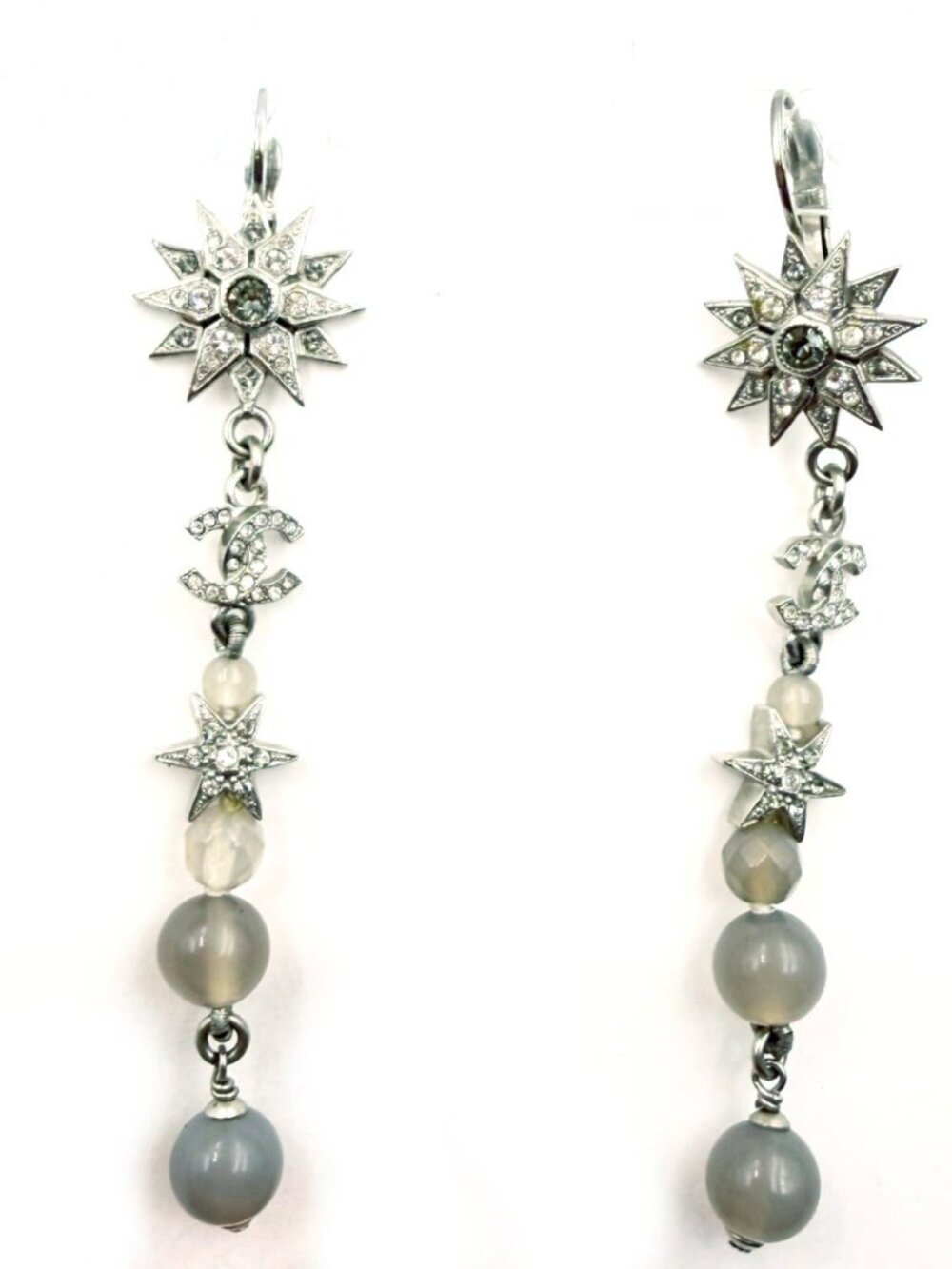Chanel Silver Star CC Crystal Lavender Bead Long lever Back Earrings